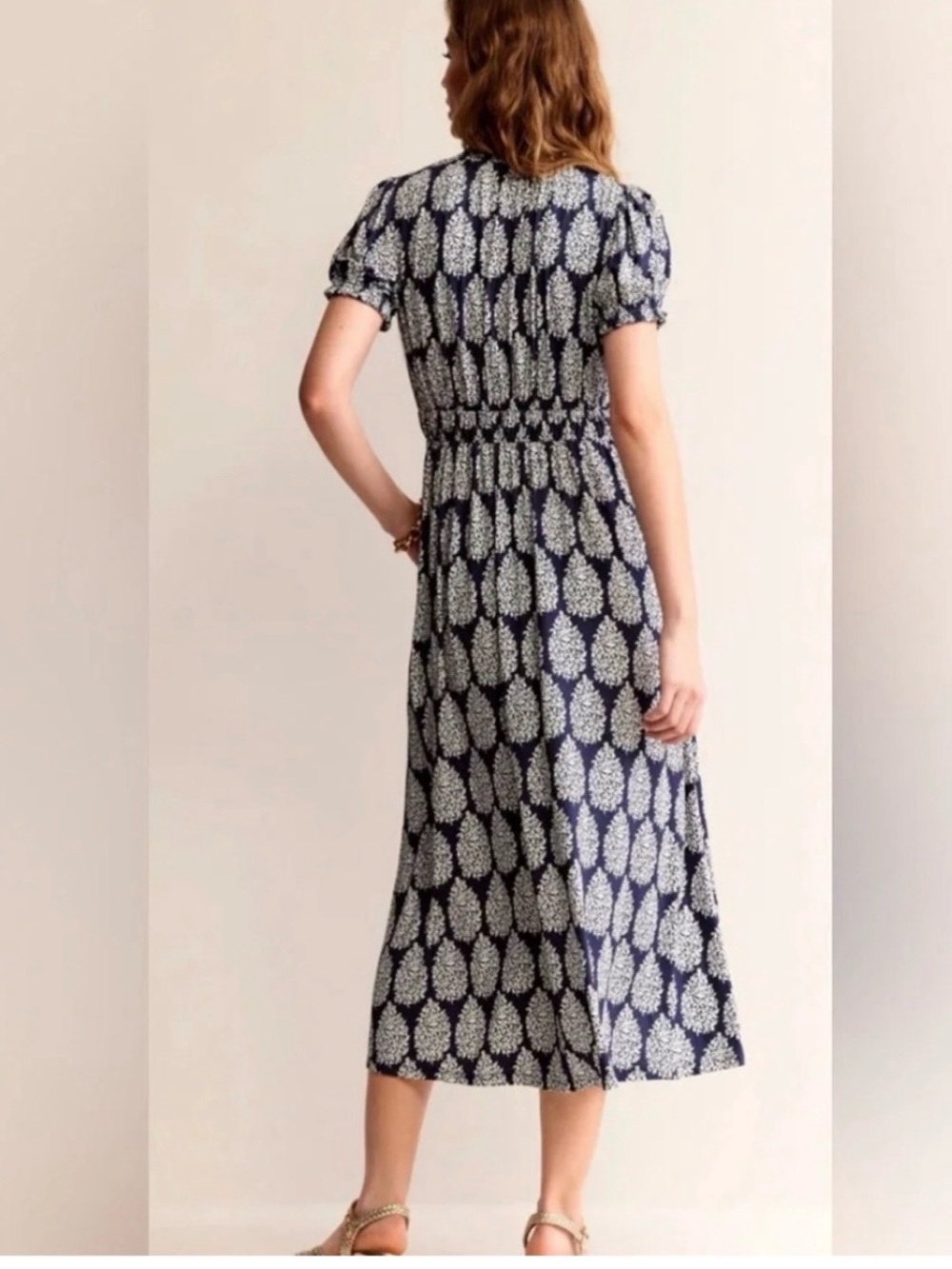 BODEN Rosanna Jersey Midi Tea Dress Sz 10 Blue French Navy Floret Paisley - Picture 2 of 9